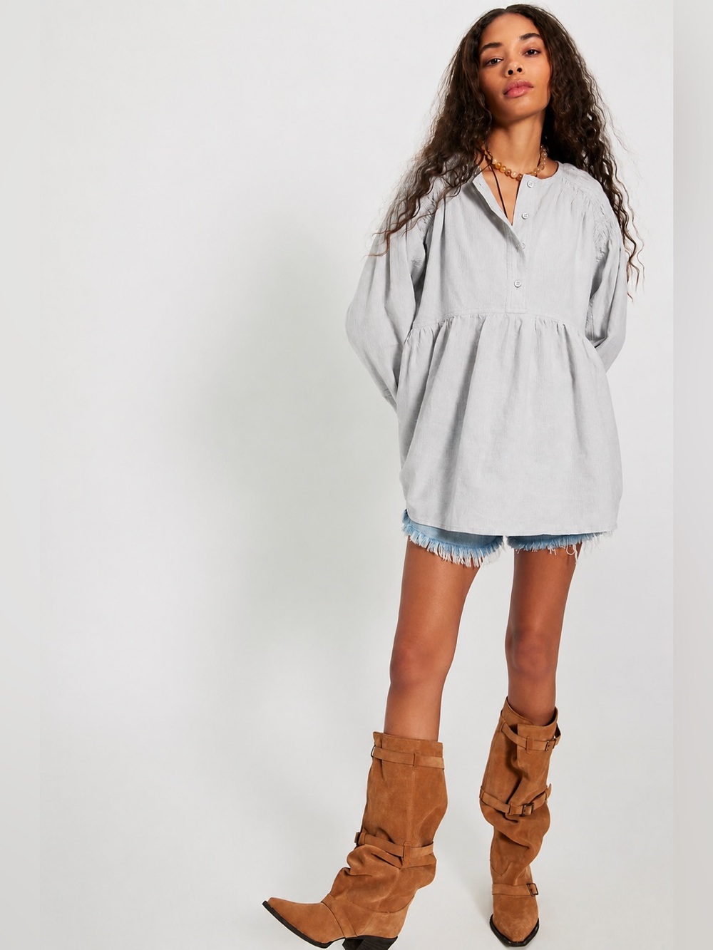 We The Free Light Gray Striped Henley Top